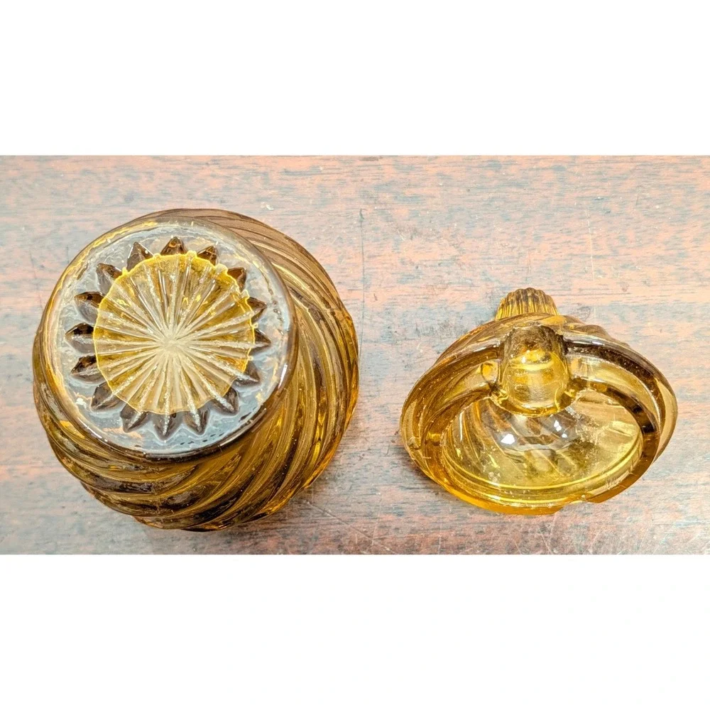 Vintage Amber Swirl Glass Mustard Jam Jar w Lid Spoon Slot MCM Retro Tableware